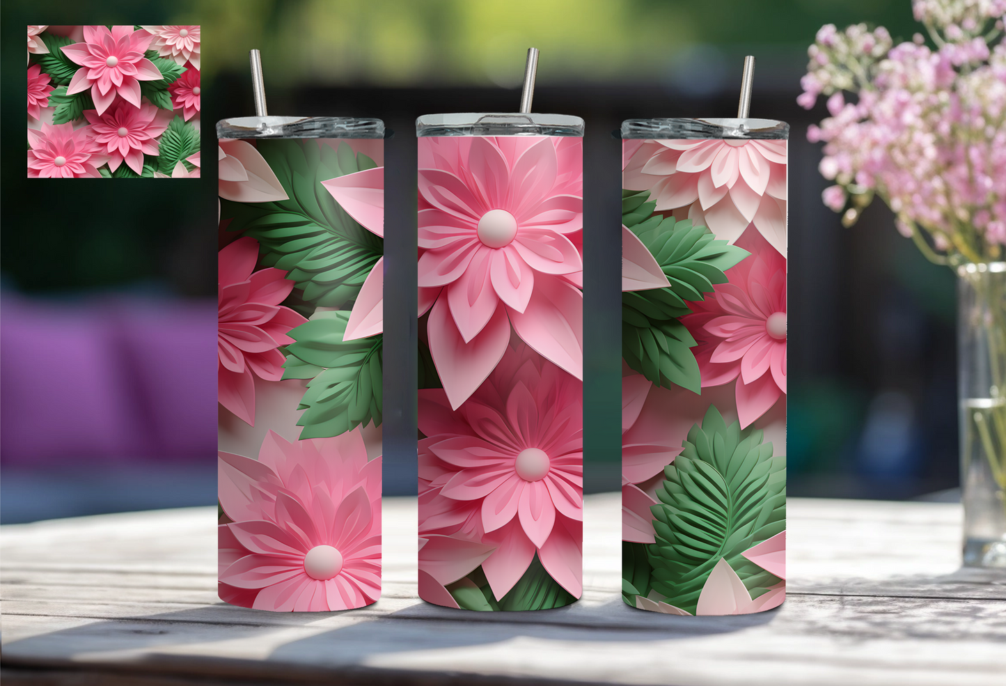 3D Floral 20 oz Tumbler - Green/Pink