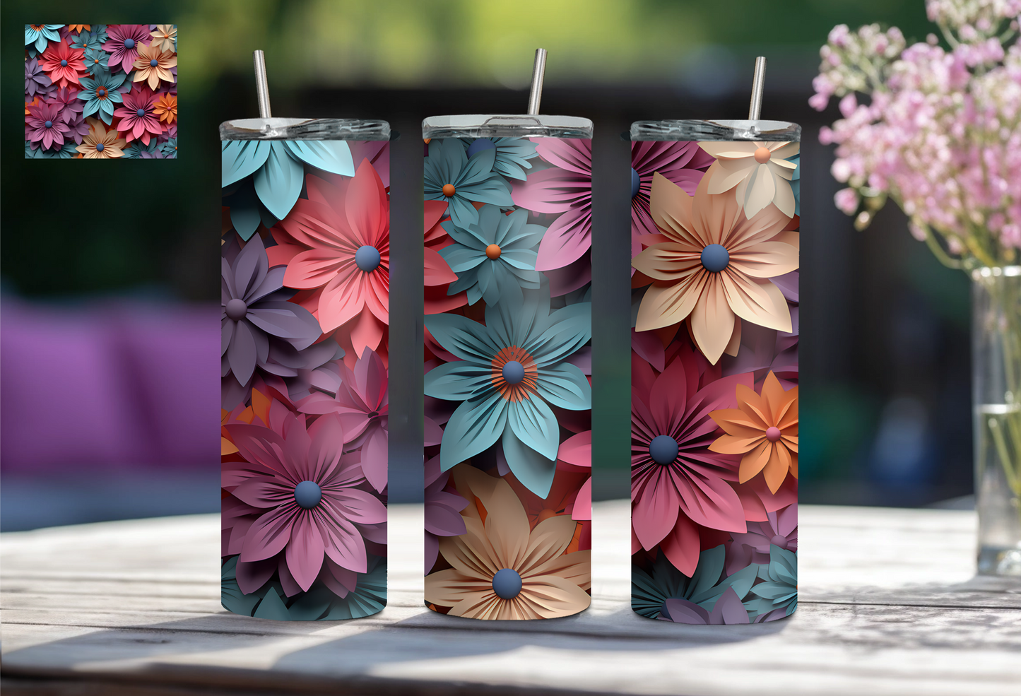 3D Floral Tumbler - Pink/Turquoise/Coral