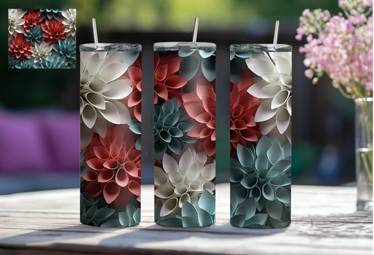 3D Floral 20 oz Tumbler - Coral/Turquoise/White