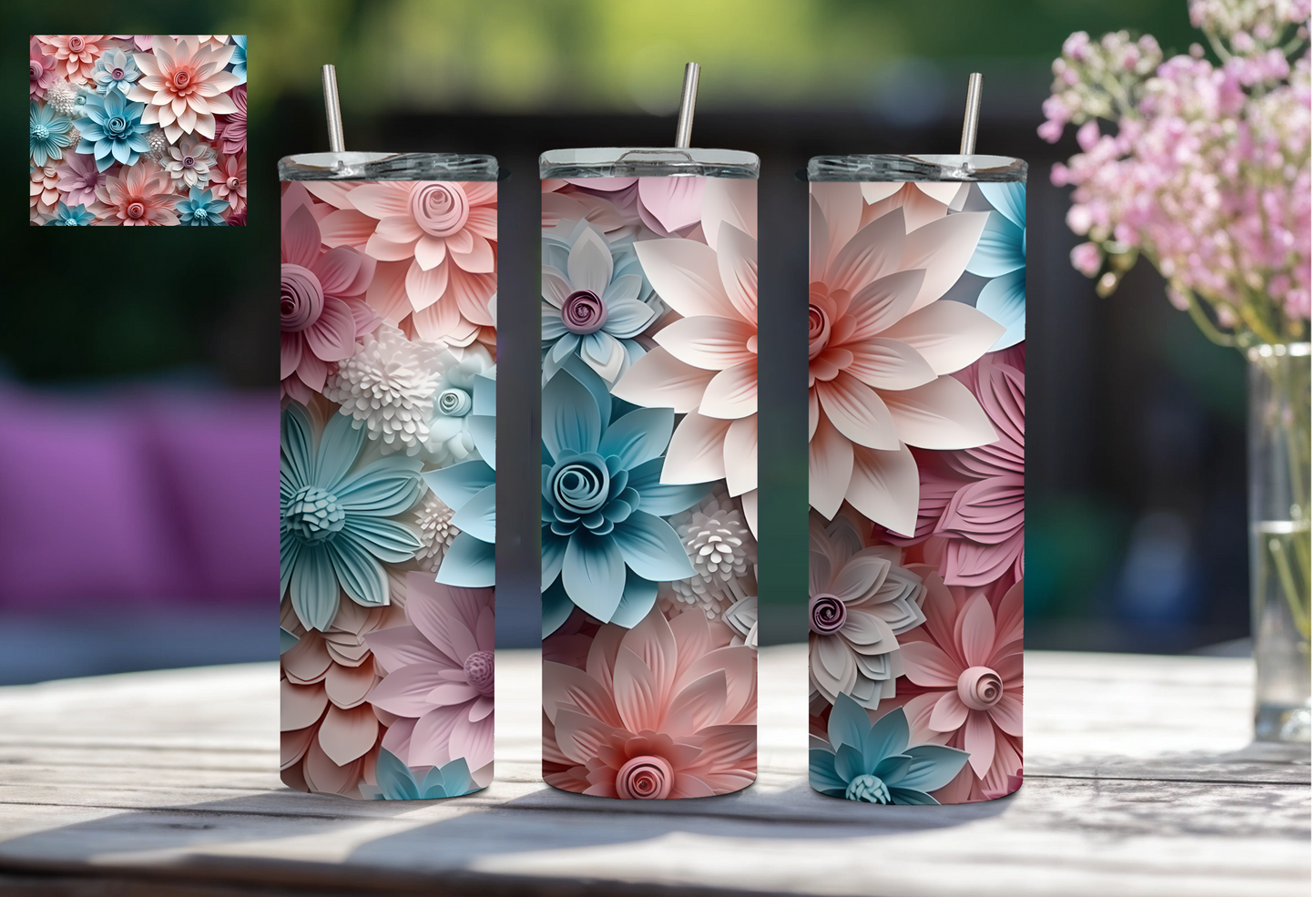 3D Floral 20 oz Tumbler - Turquoise/Pink/White