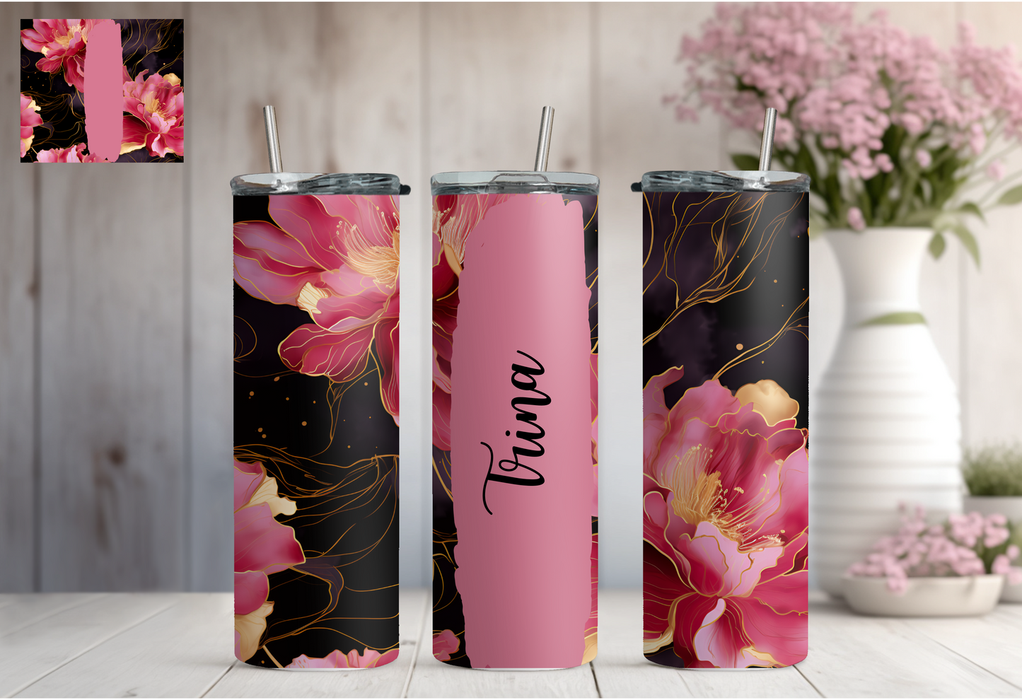 Custom Floral Tumbler - Pink/Black