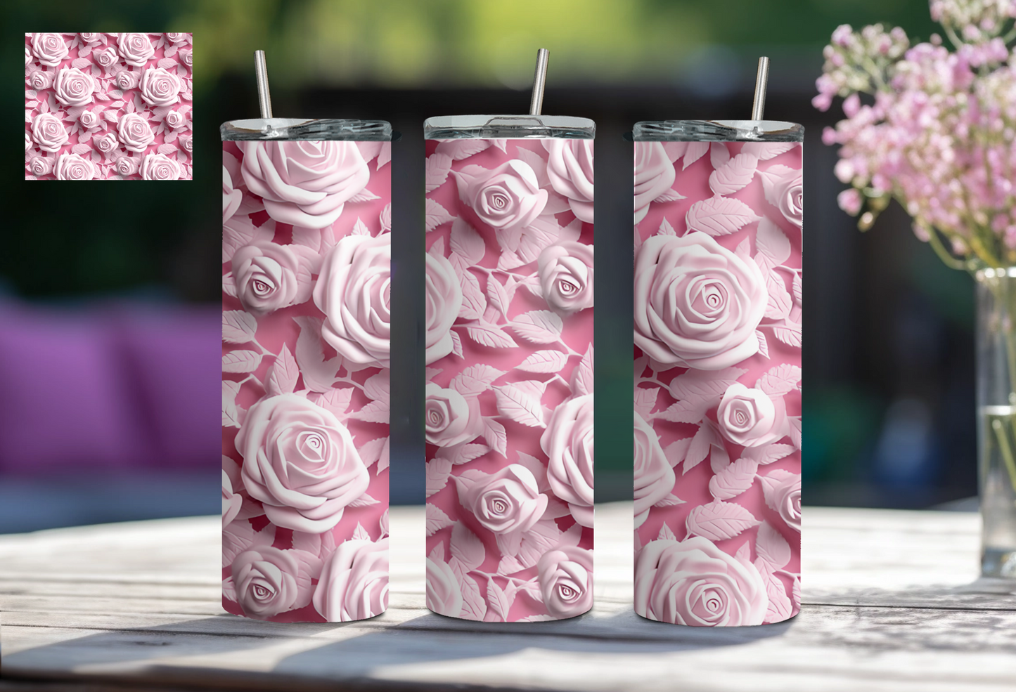 3D Floral 20 oz Tumbler - Pink Rose