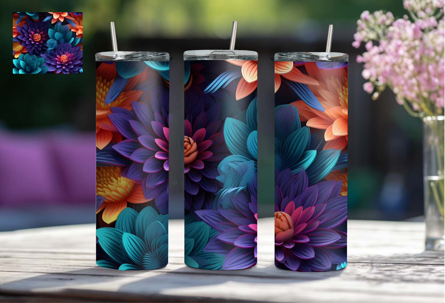 3D Floral 20 oz Tumbler - Turquoise/Purple