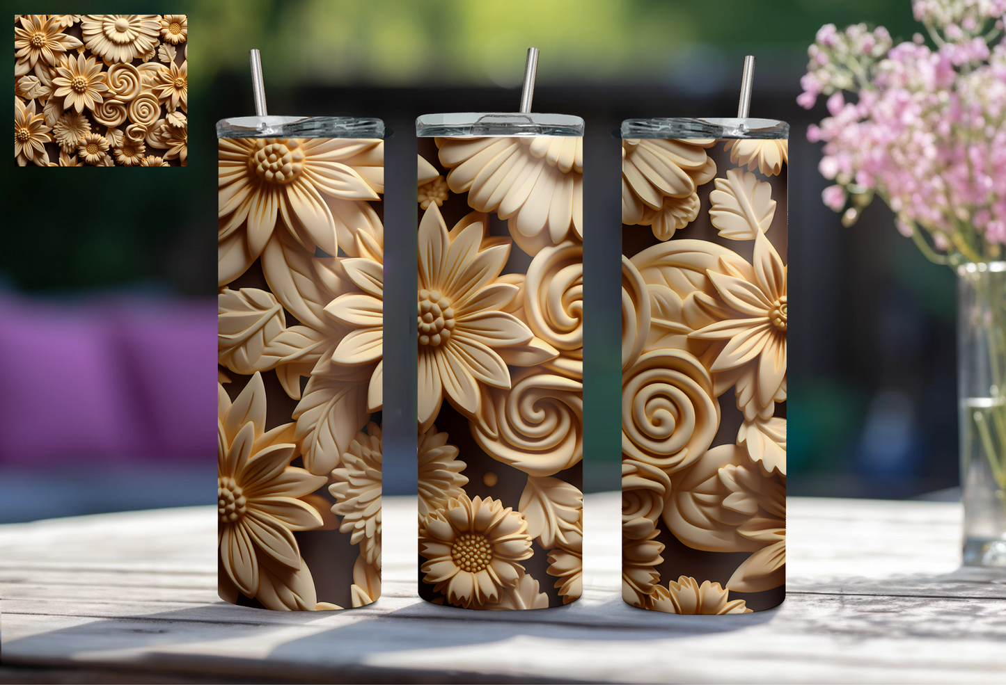 3D Floral 20 oz Tumbler - Beige