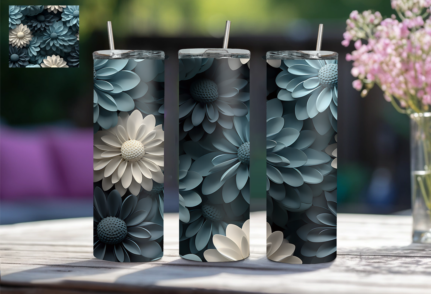 3D Floral 20 oz Tumbler - Blue