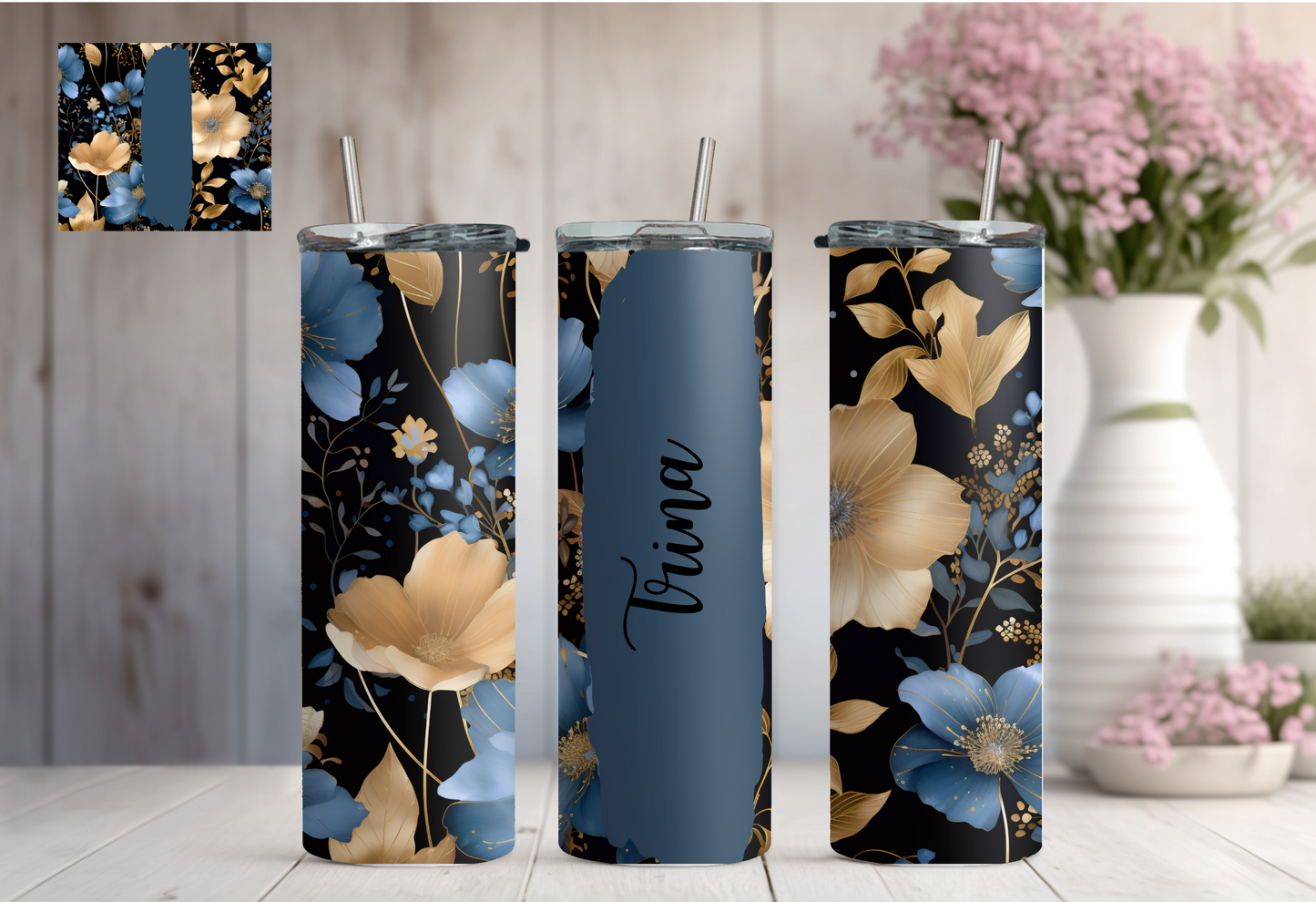 Custom Floral Tumbler - Blue