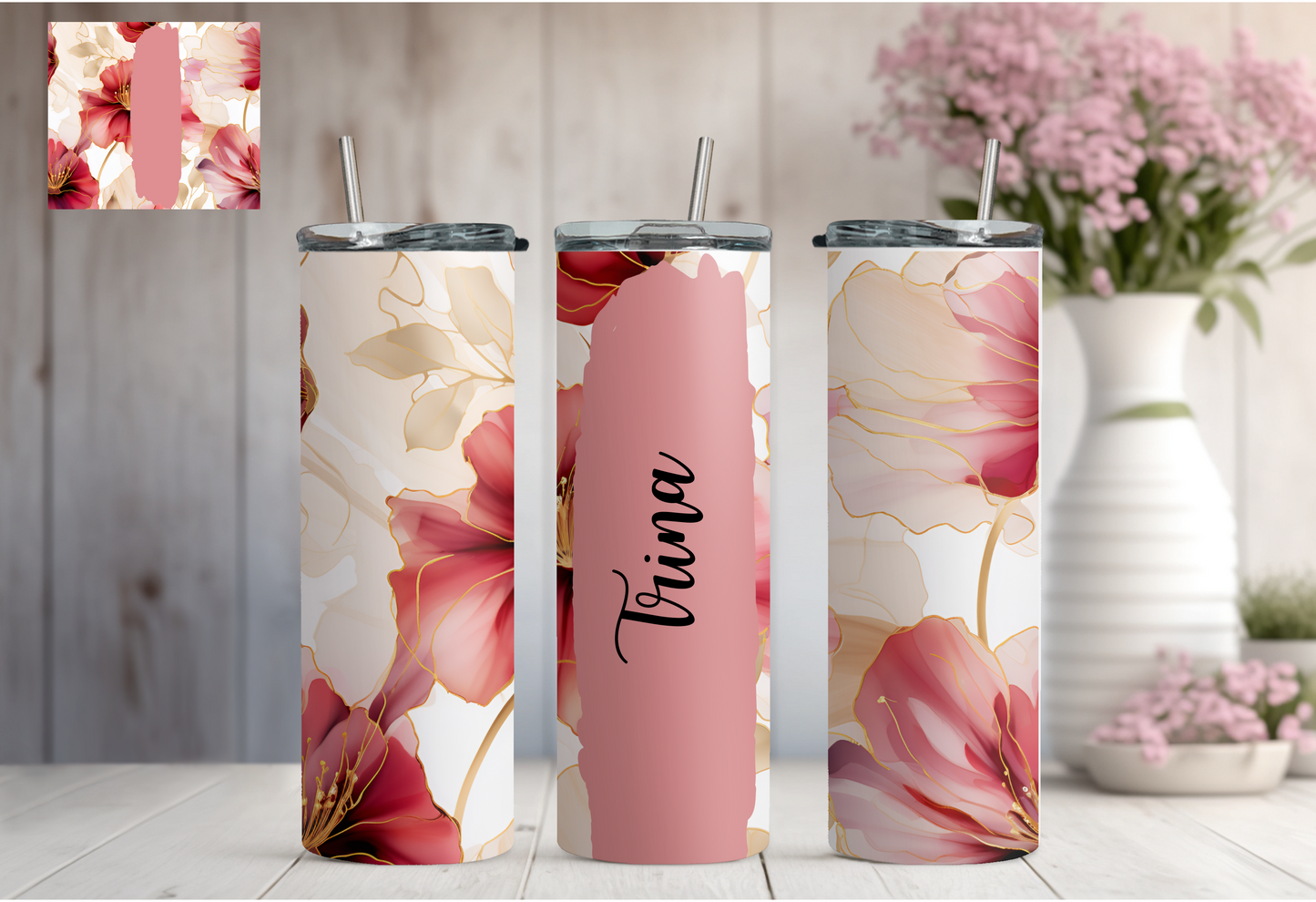 Custom Floral Tumbler - Light Pink