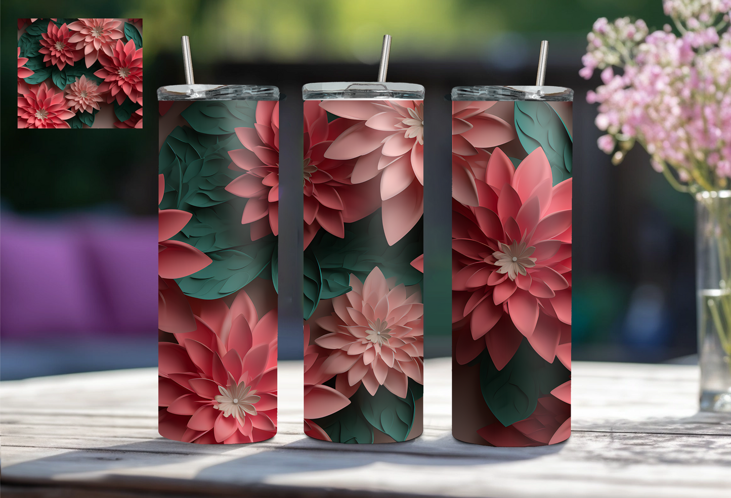 3D Floral 20 oz Tumbler - Pink/Green