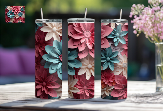 3D Floral 20 oz Tumbler - Pink/White/Turquoise